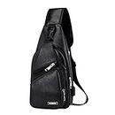 Generic Men's Leather Sling Bag Multipurpose Daypack Shoulder Chest Crossbody Bag Black with USB Charging Port for Hiking Travel #Clearance