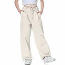 Rolanko Girls Parachute Pants, Cargo Pants for Girls Y2K Loose Jogger Trousers with Pockets Kids Clothes (Beige, 8-10)