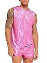 WDIRARA Men's 2 Piece Outfit Metallic Round Neck Sleeveless Tank Top and Drawstring Pocket Shorts Pink S