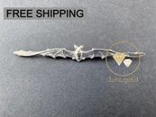 Open Wing Flying Bat Brooch Pin For Men Real Solid 925 White Sterling Silver