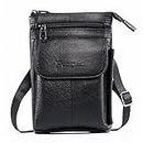 Hengwin Multifunctional Genuine Leather Zip Bags Men Vintage Look Shoulder Bag Mobile Phone Belt Bag Phone Holster for Travel, Outdoor Activities, Black