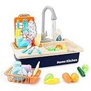 Vikrida Plastic Play Sink with Running Water, Kids Play Kitchen Toy Sink Electronic Dishwasher, Pretend Role Play Kitchen Toy with Upgraded Working Faucet and Dishes Playset for Girls, Toddler, Boys