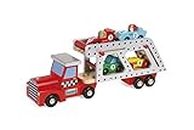 Janod - from 2 Years Old - Large Wooden Car Carrier - 4 Wooden Cars Included - Develops Imagination - J08572