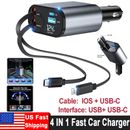 Retractable Car Charger 120W, 4 in 1 Car Fast Charger for iPhone Samsung Android