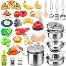 37Items 59Pcs Kids Pretend Play Kitchen Accessories Set, Stainless Steel Play Pots and Pans Sets for Kids, Cooking Utensils, Play Food Pizza Knife Kitchen Playset Toys Gift for Boys Girls Toddlers