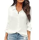 OMSJ Women Button Down Shirts Long Sleeve Chiffon Office V Neck Casual Business Blouses Tops (S, White)