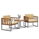 Tangkula 3 Pieces Patio Chair Set, Acacia Wood Outdoor Sofa Set with Metal Support, Soft Seat & Back Cushions Included, Cushioned Bistro Set for Balcony, Porch, Backyard (Beige)