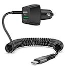USB C Car Charger, 48W Dual Port USB-C & USB-A Car Charger PD/QC Fast Charging Adapter Cigarette Lighter with 6FT Coiled Type-C Cable for iPhone 15/15 Pro Max, Samsung Galaxy S24/S23 Ultra, Pixel 8/7
