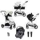 Babymore Mimi Travel System Coco i-Size Car Seat Silver - 2 in 1 Pram Pushchair, Easy Folding & Convertible Carrycot to Pushchair Seat, Universal Car Seat Adaptors, Foot Muff, Rain Cover & Cup Holder