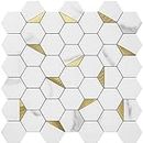 DICOFUN 10-Sheet Hexagon Tile Peel and Stick Backsplash, White Marble Look PVC Mixed Golden Metal Mosaic Tiles for Kitchen and Bathroom