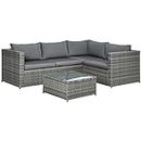 Outsunny 3 Pieces Garden Rattan Furniture Set, 4 Seater Wicker Patio Furniture Outdoor Conversation Set with Loveseats Coffee Table Cushions for Backyard Pool, Grey