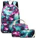 School Backpack Galaxy Teens Girls Boys Kids School Bags Bookbag with Lunch bag pencil pouchLaptop Sleeve (Galaxy Green-0033)