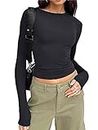 Women's Slim Fit Crop Tops Casual Solid Color Crew Neck Long Sleeve Tight T-Shirt Basic Blouse Tee Tops (Black, L)