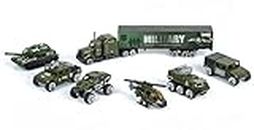 MOROVIK 7 in 1 Die Cast Metal Army Military Vehicle Play Toy Team Truck Including Cargo Truck Container, Battalion Jeep, Army Tank, Fire Truck Toys Set for 3+ Year Children - Any One Pattan