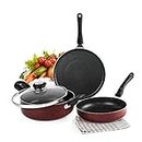 Cello Prima Induction Base Non-Stick Aluminium Pan Cookware Set of 3 (Dosa Tawa 28 cm, Fry Pan 22 cm, Kadai with Glass Lid 22 cm) | Induction & Gas Stove Compatible | Cherry Red