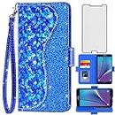 Asuwish Phone Case for Samsung Galaxy Note 5 Wallet Cover with Screen Protector and Wrist Strap Flip Credit Card Holder Bling Glitter Stand Cell Glaxay Note5 Gaxaly Notes 5s Five Women Girls Blue
