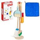 HELLOWOOD Kids Cleaning Set, 8 pcs Housekeeping Pretend Play Set Includes Broom Mop Duster Dustpan Brushes Rag and Organizing Stand, Cleaning Toys Gift For Toddlers Girls Boys Age 3-6, Real Beech Wood