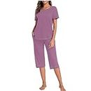 Prime Deals of The Day Today Women's Loungewear Pajamas Set Short Sleeve Sleepwear Top Capri Pants Pjs Sets Soft Pajams 2 Piece Outfits with Pockets Purple
