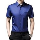 -*-Solid Color Dress Shirt Summer Short Sleeve Casual Shirts Men Slim Fit Silk Male Shirt Navy Blue M