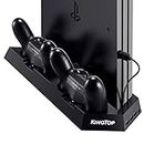 KINGTOP Soporte Vertical PS4 con 2 Ventiladores de Refrigeración, y 2 Estaciones Carga Mando, Carga USB con Indicadores LED para PS4/PS4 Pro/PS4 Slim
