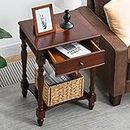 MODERION Solid Wood Side Table with Drawer and Storage Shelf, Traditional End Table, Narrow Telephone Nightstand, Carvings Elegant Vintage, for Living Room, Bedroom, Office Cherry Walnut GBJ1533WD