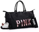 Areo Polyester Pink Letter Large Capacity Travel Duffle Striped Beach Bag on Shoulder (Black)