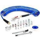 FYPower 1/4 inch x 25 ft Recoil Poly Air Hose Kit, 20 Pieces Air Compressor Accessories Set, 1/4" NPT Quick Connect Air Fittings, Blow Gun, Chuck, Safety and Tapered Nozzles, Couplings
