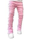 Stacked Jeans Men Skinny Ripped Jeans Slim Fit Patchwork Denim Pants Y2K Goth Harajuku Emo Hip Hop Jeans Trouser Pink