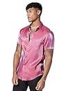 WDIRARA Men's Silk Satin Metallic Button Down Short Sleeve Collared Shirts Rave Disco Club Tops Pink S