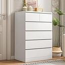 lucare 5-Drawer Wood Dresser for Bedroom, Chest of Drawers with 6 Wood Drawers,Modern Tall Nightstand White Dresser for Bedroom Living Room Hallway Entryway Office White