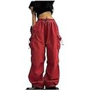 Women Wide Leg Cargo Pants Casual Baggy High Elastic Waisted Cargo Trousers with Pockets Loose Fit Drawstring Sweatpant Plain Streetwear Jogger Bottoms for Ladies