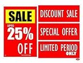 LEPPO Sale Upto 25% I 50% I 70% Off & Discount Sale, Limited Period Self Adhesive Laminated Poster & Stickers Use for Retail Stores, Shops, Malls - Combo Pack RED (25% OFF, 1 Pc Qty)