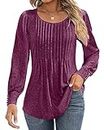 Ficerd Women's Puff Long Sleeve Tunic Tops Pleated Crew Neck Blouses Dressy Casual Loose Summer and Fall T-Shirts(Fuchsia, Medium)