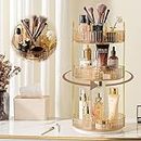 shuang qing 360° Rotating Makeup Organizer, High-Capacity Bathroom Countertop Vanity Organizers, 3 Tier Spinning Skincare Storage, for Perfume/Cosmetic/Makeup Brushes/Lotion（Gold）