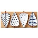 Nestasia Contemporary Leaf-Shaped Ceramic Blue and White Glossy Serving Platter with Wooden Board for Serving Sweets, Cookies, Dry Fruits and Other Snacks (Set of 1 Tray and 4 Small Plates)