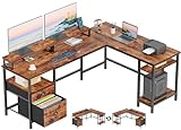 Furologee 66" L Shaped Computer Desk with Shelves, Reversible Corner Gaming Desk with File Drawer and Dual Monitor Stand, Large Home Office Desk Writing Study Table Workstation, Rustic Brown