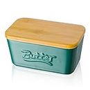 Porcelain Butter Dish with Wooden Lid, Candiicap Airtight Butter Keeper for Countertop & Home Kitchen Decor, Large Butter Holder for East West Coast Butter(Matte Green)