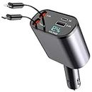 Retractable Car Charger,Type C Fast Car Phone Charger with 120W Power, 2 USB Ports, and Retractable Cables. It’s Compatible with iPhone Models 15/14/13/12/11/iPad and Galaxy Models S23/S22/S10.