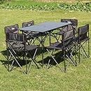 7-Piece Patio Dining Set Pieghevole Tavolo da Picnic in Alluminio e Pieghevole in Nylon 6 Camping Chair W/Back, for Esterno, Cortile, Giardino (Color : Black)