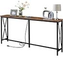 SUPERJARE 70 Inch Console Table with 2 Outlet and 2 USB Ports, Extra Long Entryway Table with Metal Frame and X-Shaped Design, Narrow Sofa Table for Living Room and Hallway - Rustic Brown