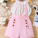 2 Pcs Girl's Casual Outfits, Rainbow Striped Halter Neck Top & Button Shorts Set, For Party Beach Holiday Vacation Kids Summer Clothes (please Purchase 1 Size Smaller)