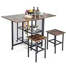 Giantex 3-Piece Foldable Dining Table Set, Drop Leaf Expandable Dining Table & 2 Stools, w/Lockable Wheels, 2 Mesh Storage Shelves, Space-Saving Dining Room Kitchen Set for Small Place, Office Home