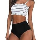 MOOSLOVER Women's Shirred Bandeau Bikini Top High Waisted Bottom 2 Piece Swimsuits Bikini Set, Black-white, X-Large