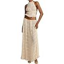 Women 2 Piece Maxi Skirt Set Lace Up Backless Tank Top Ruffle Flowy Long Skirt Y2k Summer Outfits Beachwear (Apricot, S)