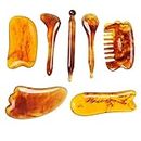 7 Pack Gua Sha Scraping Massage Facial Tools Kit, Resin Amber Guasha Scraper Board Health Care Beauty Scrape Plate with Flax Bag for Face Body Leg Back Care Physical Acupuncture Deep Tissue Therapy