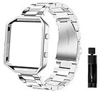 Valchinova Compatible with Fitbit Blaze Bands Replacement Stainless Steel with Frame Metal Bracelet for Men Women Watch Strap (Silver)