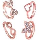 Okos Rose Gold Plated Pack of 5 Adjustable Brass Finger Ring Combo Emblished With White Cz Stone For Girls and Women CO1000428