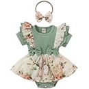 Newborn Baby Girl Romper Dresses Clothes Set Short Sleeve Floral Ruffle Bow Overall Bodysuit Onesie Floral Skirt Hem Outfit (Short Sleeve Green, 9-12 Months)