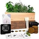 Indoor Herb Garden Kit, 4 Non-GMO Seeds with Reusable Pots, Planter – Wood Planting Box for Kitchen Windowsill with Basil, Parsley, Cilantro, Thyme - Easy DIY Indoor Plant Starter Gifts