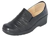 Cushion Walk Women's Ladies Lightweight Black Faux Leather Slip-on Low Wedge Shoes, Flats, Casual Work Office Comfort Shoes - Mat Black or Patent Black (6 UK, Black Mat)